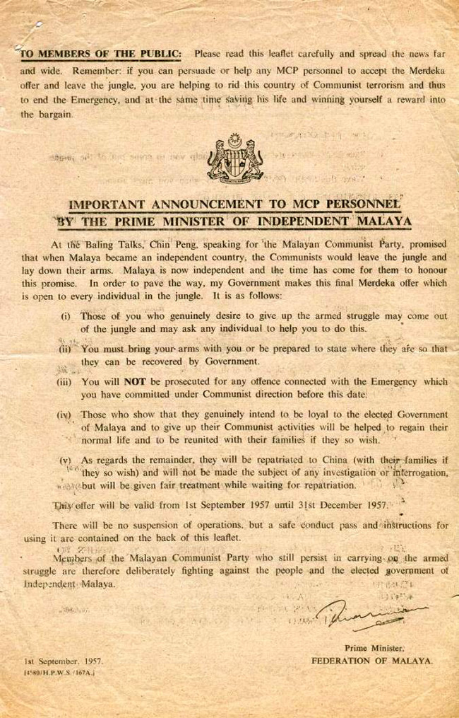 Safe Conduct Pass dated 1 September 1957 (OBVERSE)